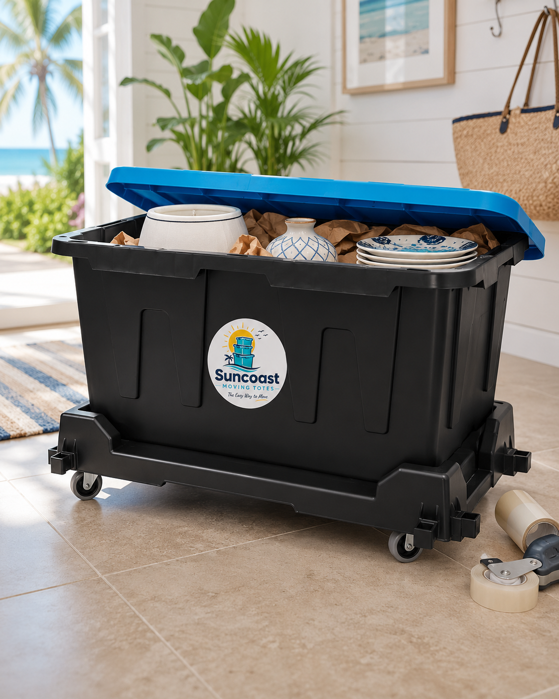 Rolling tote cart loaded with stacked black moving totes ready for pickup
