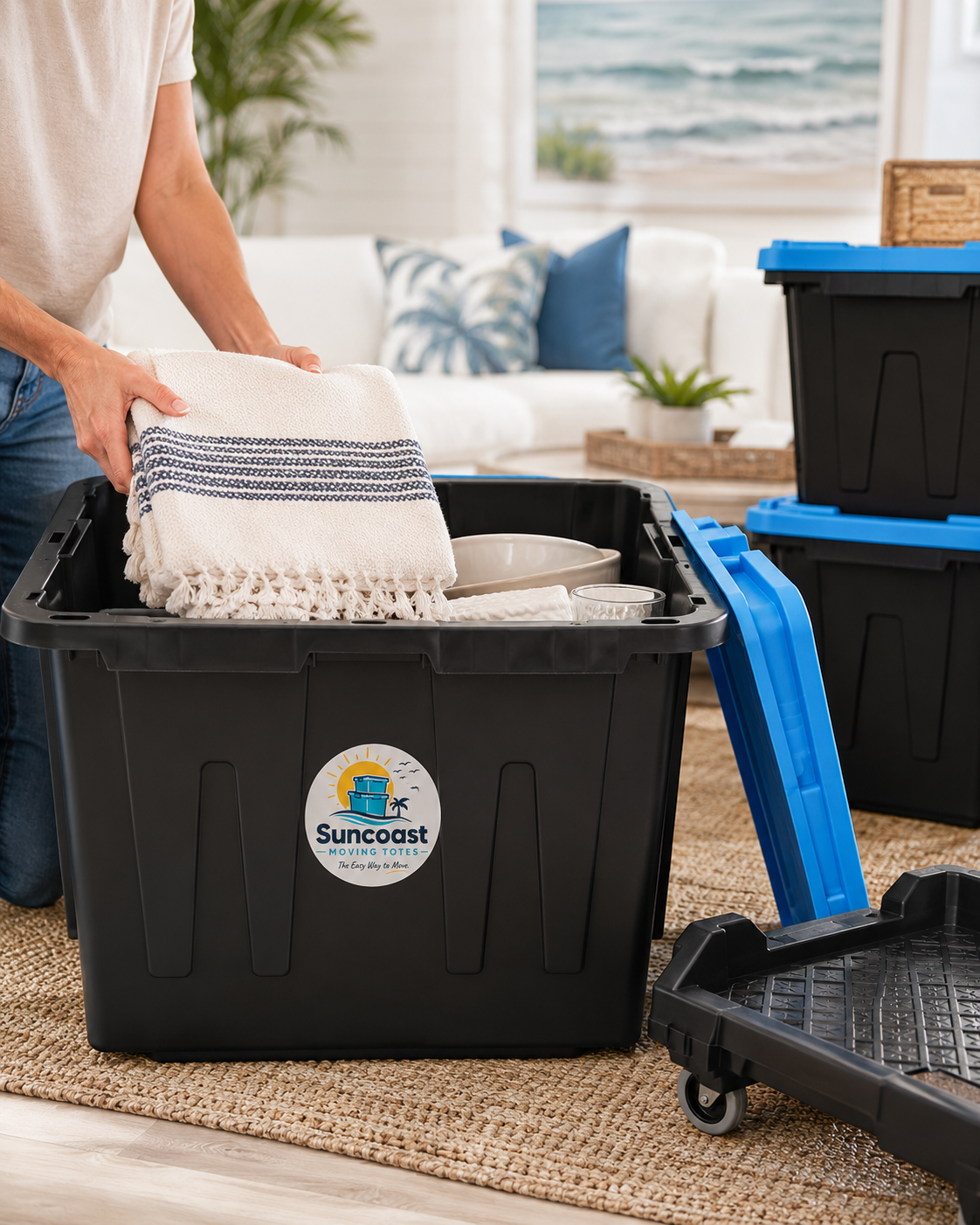 Customer packing household items into a sturdy reusable moving tote