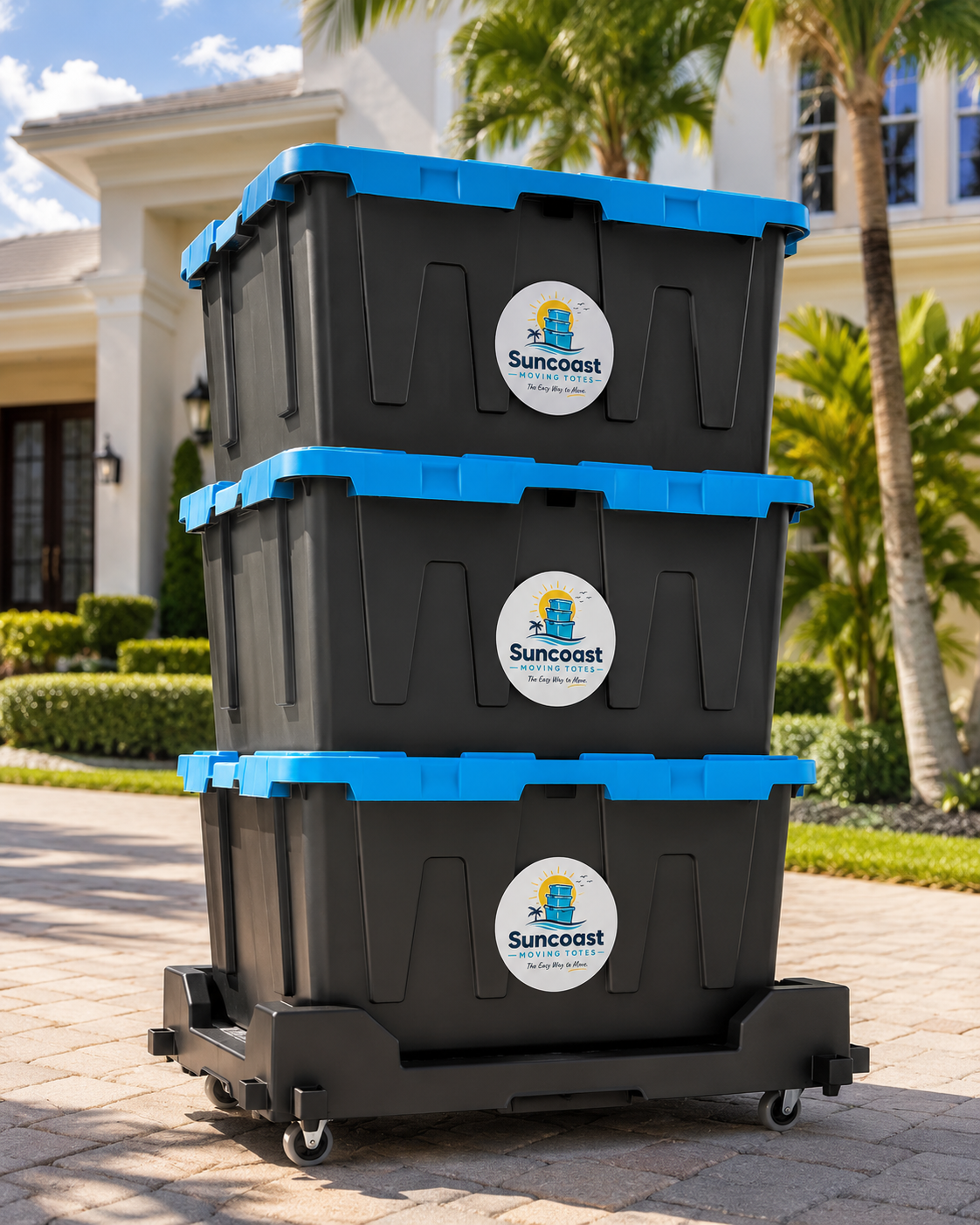 Friendly delivery person bringing stacked black moving totes to a Florida home's front door