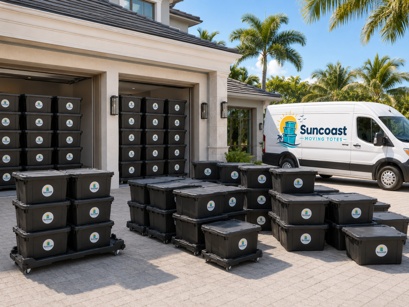 Large Home package with high-volume Suncoast totes staged outside a garage next to the delivery van