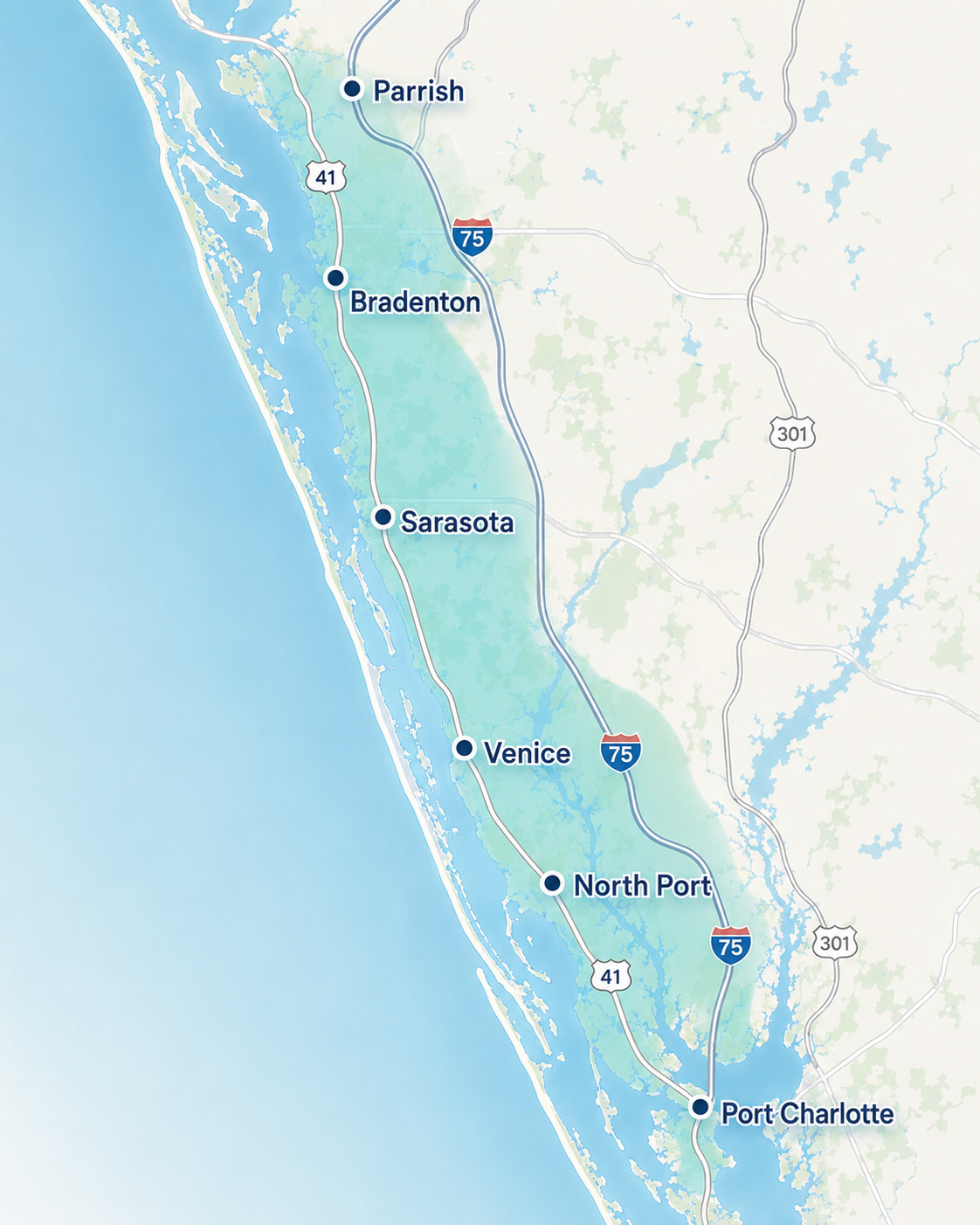 Map showing Suncoast Moving Totes service area from Parrish to Port Charlotte, Florida