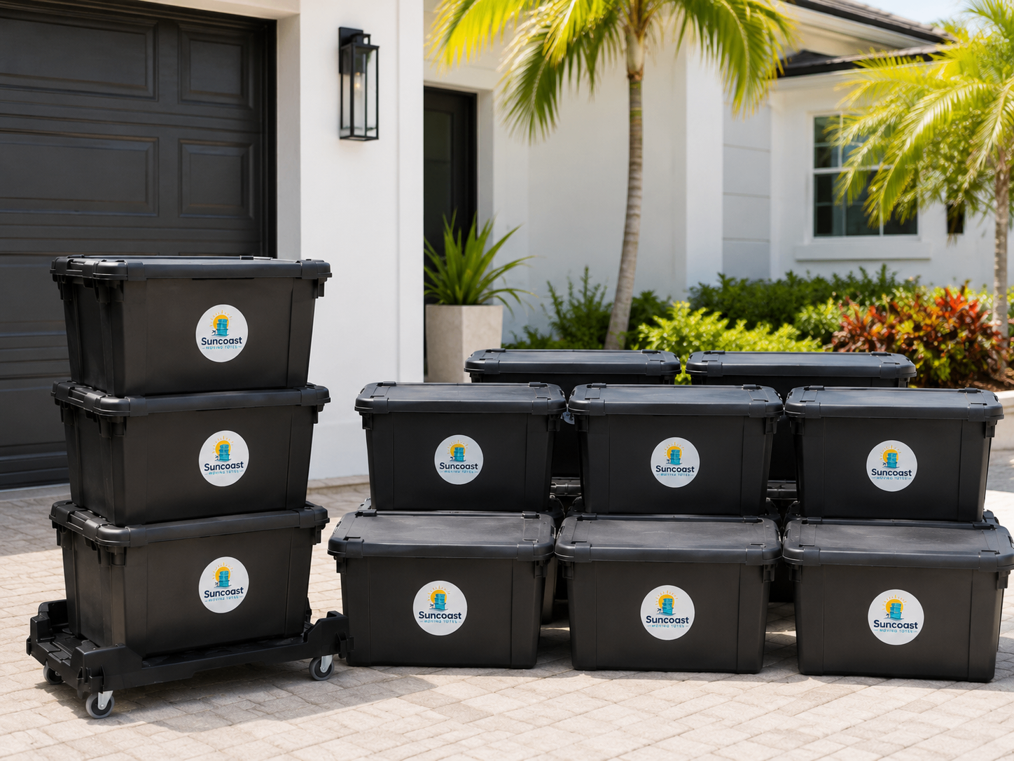 Small Move package with a stack of totes on a rolling cart and additional totes arranged in a driveway