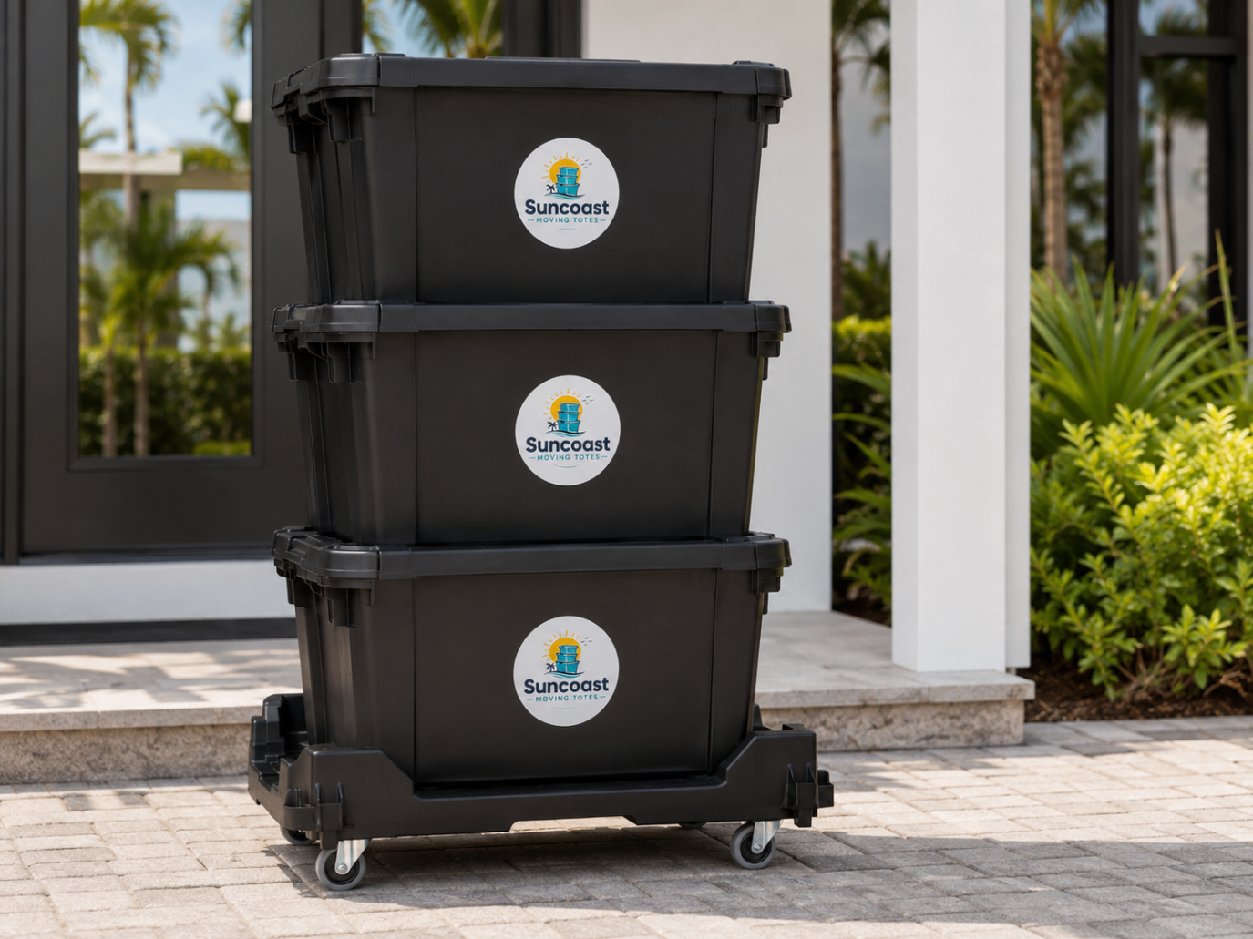 Essentials Move package with three stacked black moving totes on a rolling cart at a front entry
